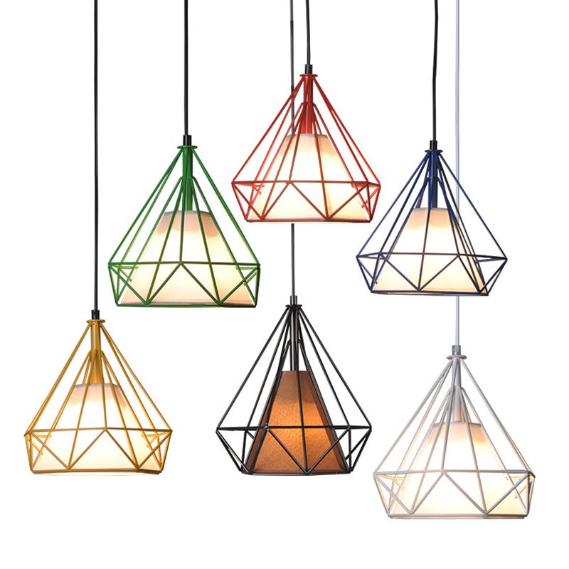 Lámpara de cuello de techo de diamantes de loft 1 cabeza de colgante de hierro de cabeza en negro/blanco/verde con tono de tela de cono en el interior