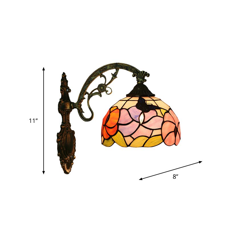 Single Butterfly and Peony Wall Sconce Tiffany Bronze Stained Glass Wall Mount Lamp