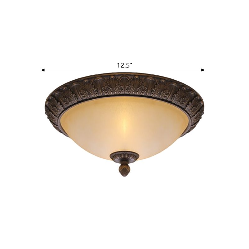 12.5"/15" Wide LED Flush Lamp Vintage Semi-Ball Amber Glass Ceiling Fixture in Brass for Balcony