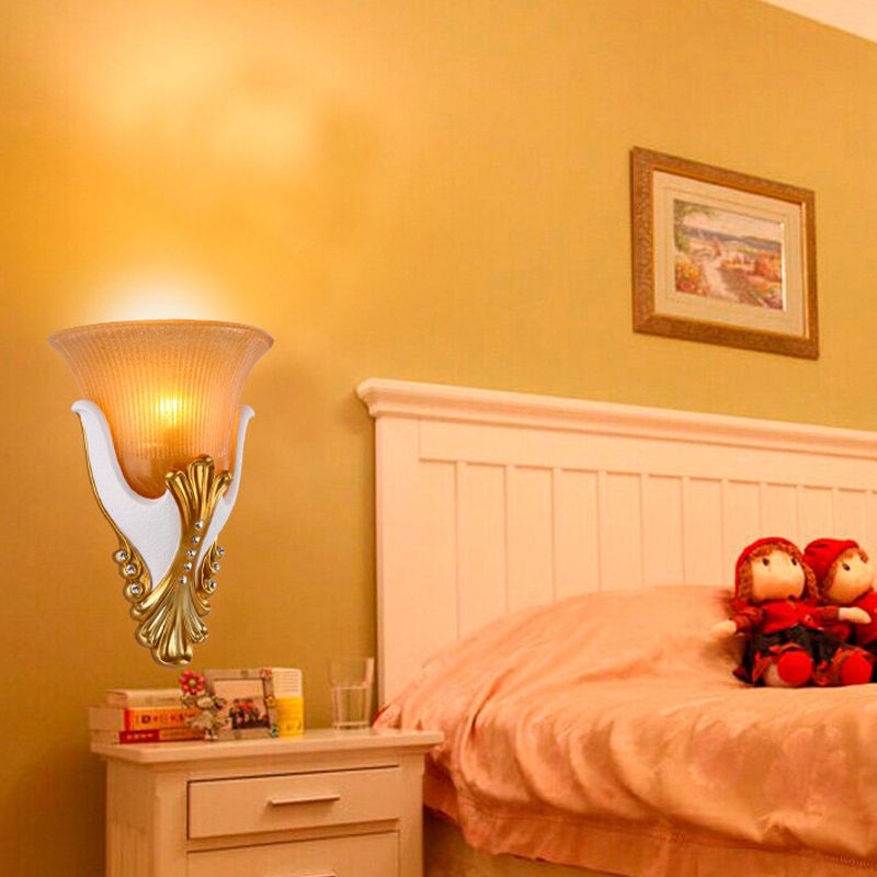 1 Light Ribbed Glass Wall Light Vintage White/Yellow Bell Shaped Bedside Sconce Light, 9.5"/13" Wide