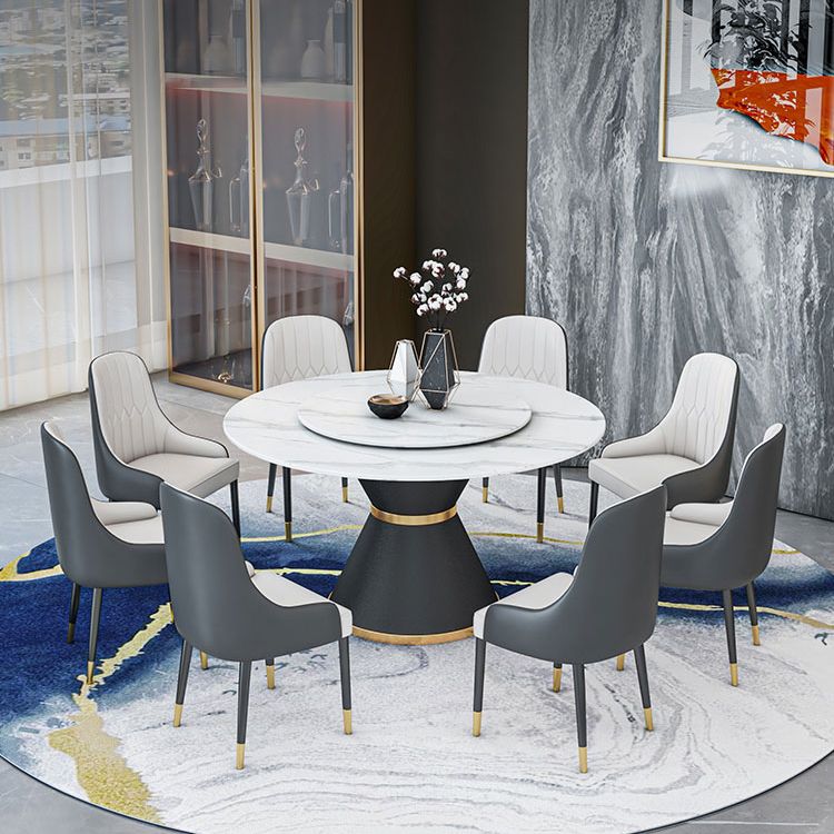 Round Stone Dining Table Black Base Traditional Luxury Dinette Table in White