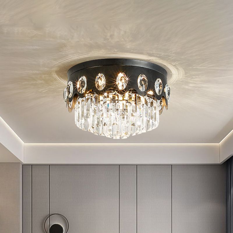 7 Heads Crystal Flush Ceiling Light Contemporary Black Tiered Great Room Flush Mount Lamp