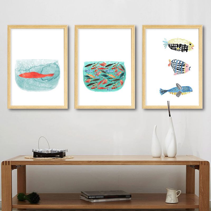 Fish Drawing Wall Decor Textured Childrens Art Dining Room Canvas Print in White