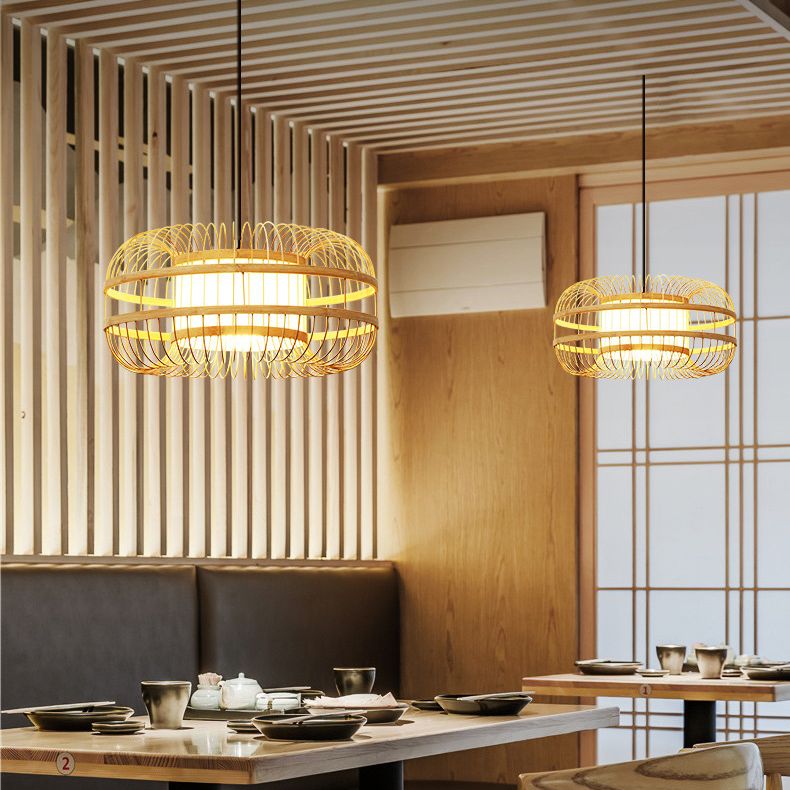 Beige 1-Light Japanese Hanging Lamp Kit Lantern Silk Pendant for Dining Room