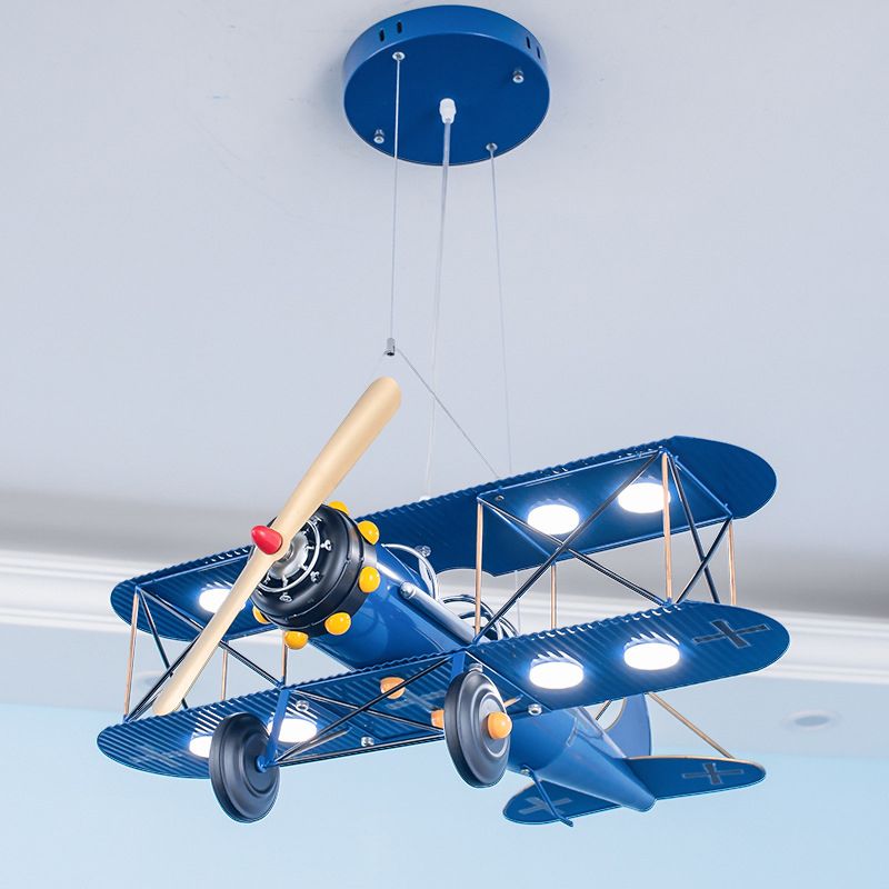 LED Biplane Hanging Lamp Kit Cartoon Metallic Yellow/Dark Blue-Yellow/Blue Chandelier Lighting for Nursery