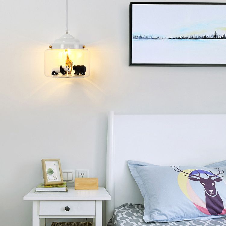 Suspension en verre transparent cylindrique en verre transparent des animaux de dessin animé moderne lampe pour la chambre à coucher pour les enfants (les animaux sont expédiés au hasard)