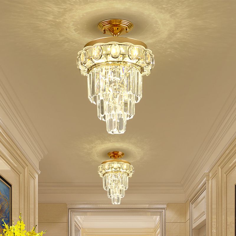 Taper Corridor Ceiling Lamp Modern Clear Crystal Blocks Gold Finish LED Semi Mount Lighting