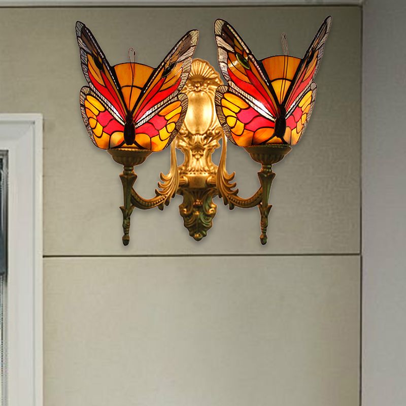 Retro Style Butterfly Wall Sconce Stained Glass 2 Lights Colorful Wall Fixture Light for Stairway