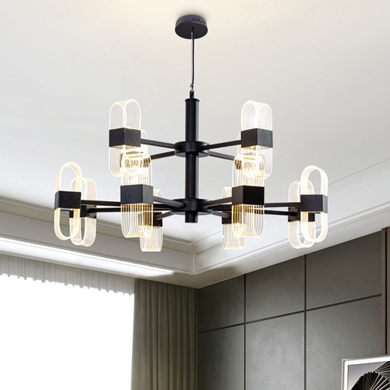 Modern Oval Chandelier Light Acrylic 6/8/12 Heads Living Room Hanging Lamp with Black Rod in Warm/White Light