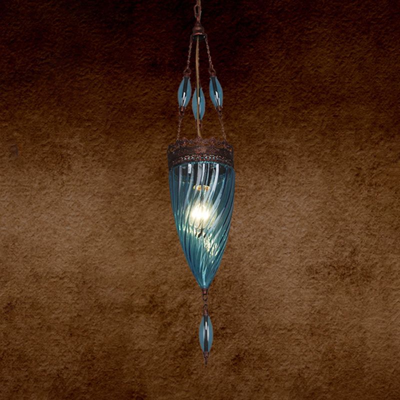 Cone Dining Room Hanging Ceiling Light Moroccan Red/Blue/Green Textured Glass 1 Light Down Lighting