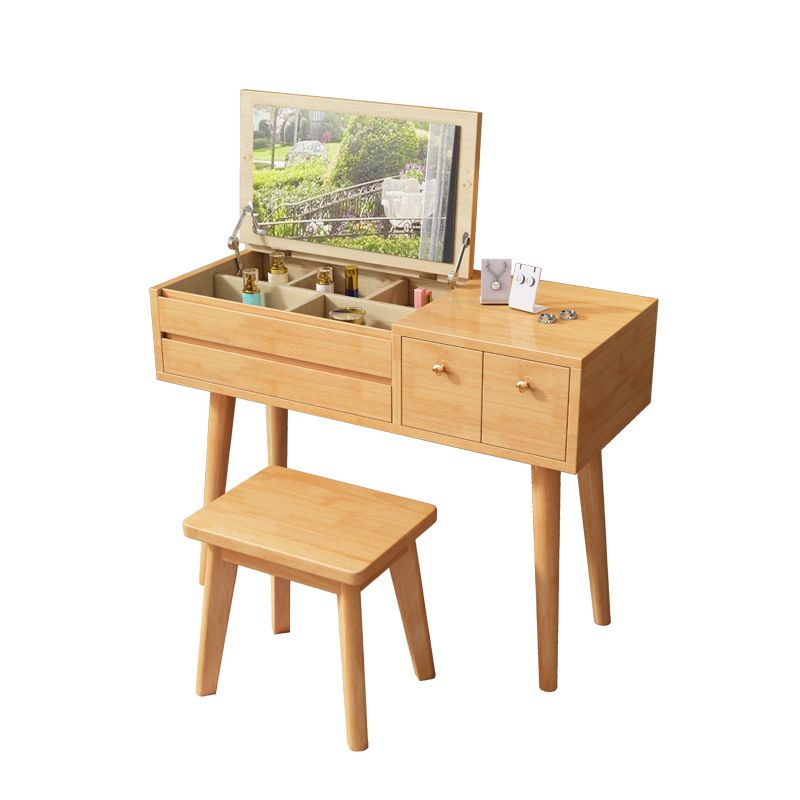 Flip Single Mirror Vanity Desk 3 Drawers Rubber Wood Dresser