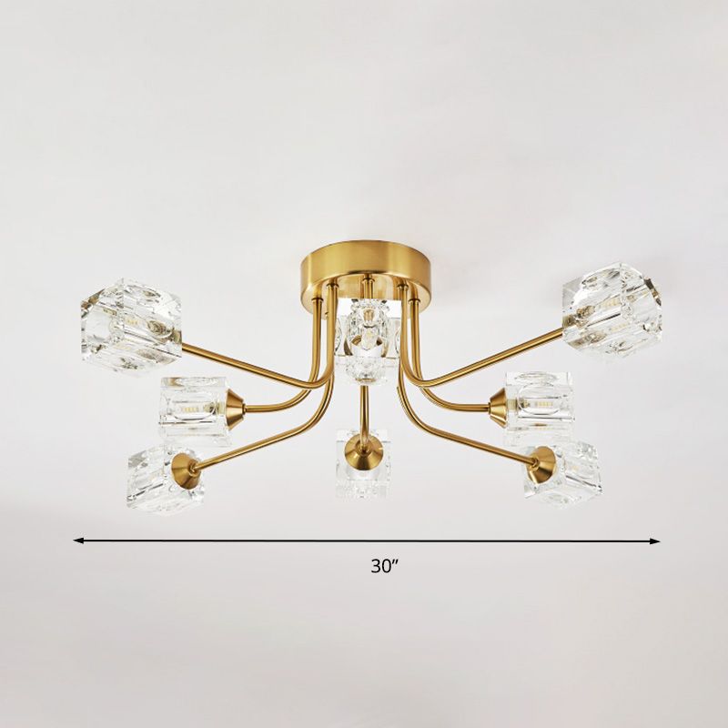 Postmodern Curved Arm Semi Flush Mount Light 8 Heads Cubic Crystal Ceiling Fixture in Gold