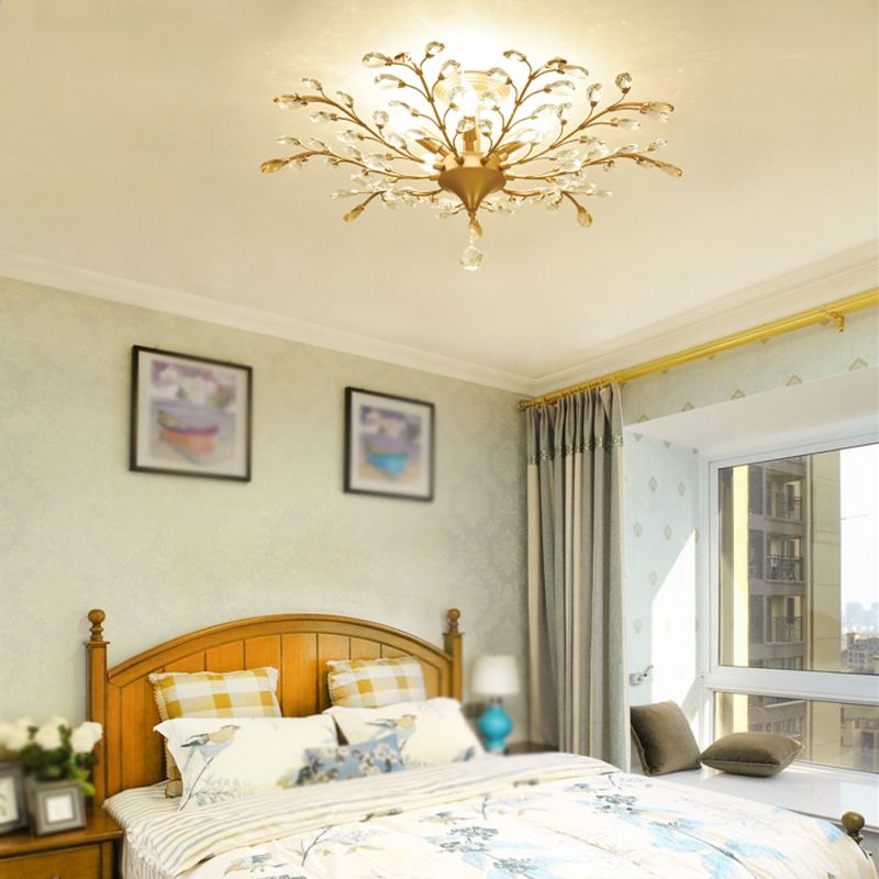 Unique Shape Crystal Flush Light Modern Style Multi Lights Flush Mount Fixture in Brass
