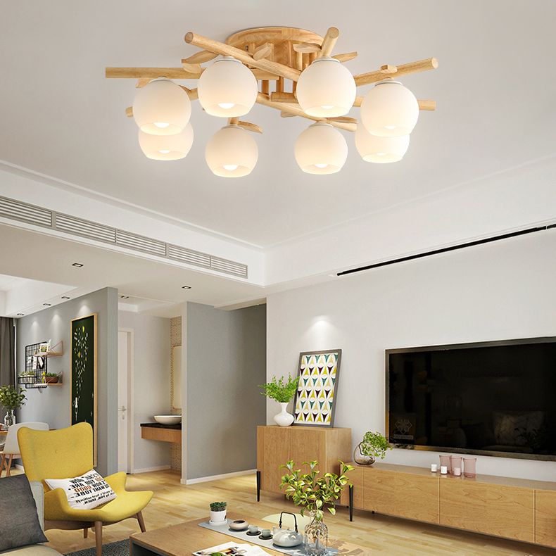 Log Color Indoor Ceiling Fixture in Modern Concise Style Wooden Globe Ceiling Light with Glass Shade
