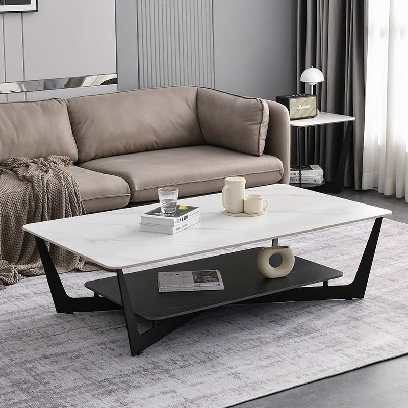15.7" H Rectangle Slate Coffee Table Metal 4 Legs Cocktail Table with Shelf