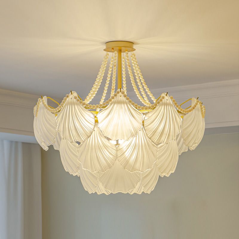 Nordic Shell Shape Chandelier Glass Multi Light Hanging Light in White for Bedroom