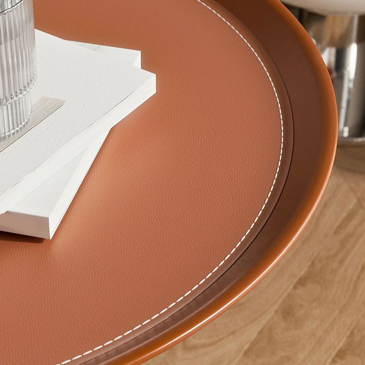 Metal Round Tray Top Side Table 20.9" Tall Leather Pedestal End Table with Storage