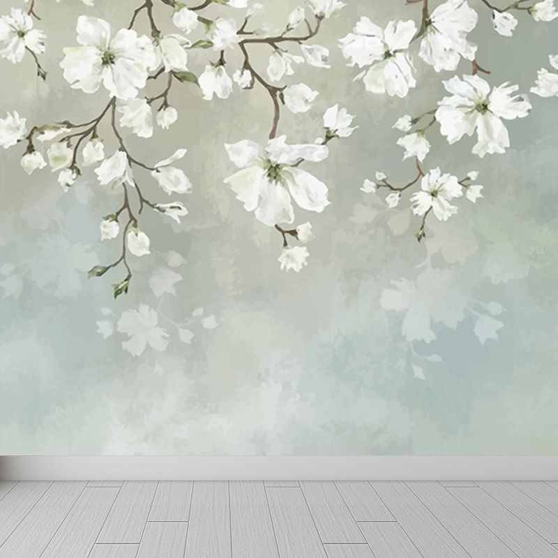 White Blossoming Flower Wallpaper Mural Moisture Resistant Wall Art on Blue for Home