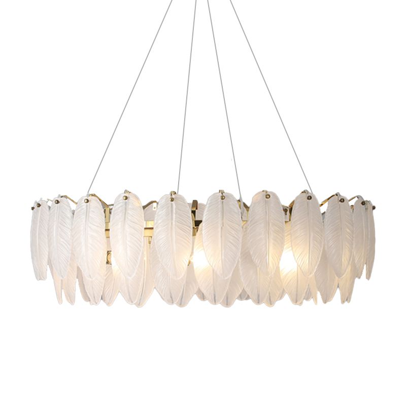 Gold Modern Metal Ceiling Lamp Feather Shape Island Light with Glass Shade for Living Room