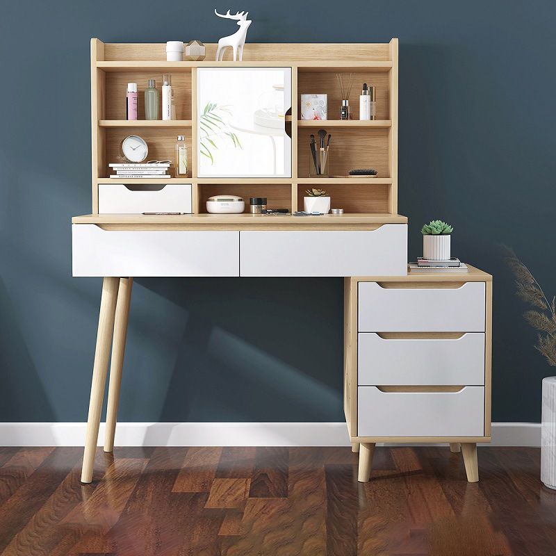 Scandinavian Vanity Table with Drawers and Shelves and Mirror