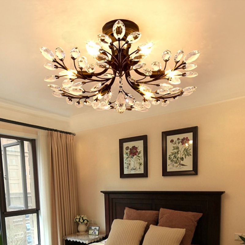 Zweige Wohnzimmer halb Flush Licht ländlicher Kristall LED Schwarz in der Nähe der Deckenbeleuchtung