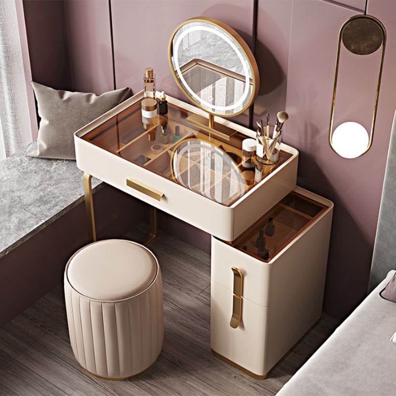 Glam Brown Glass Top Vanity Table 25.6" W 3 Drawers Dressing Table with Mirror & Stool