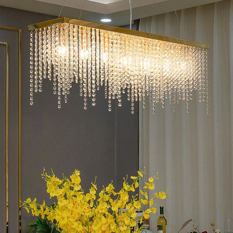 Rectangle Crystal Tassel Island Light Contemporary Style Lighting Fixture in Gold for Dining Room
