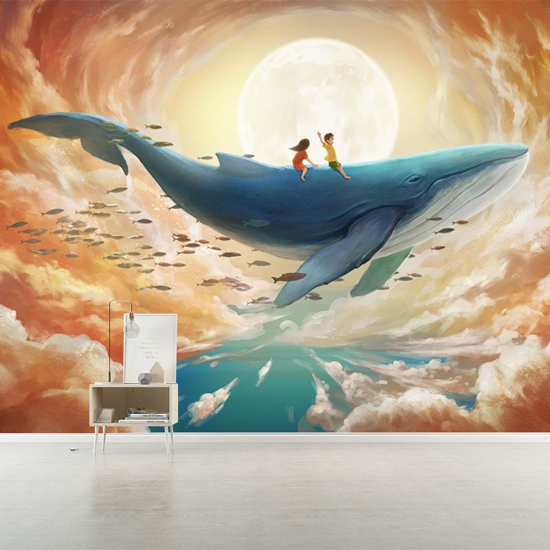 Smooth Whole Yellow-Blue Mural Childrens Art Kids Trip with Whale Under Super Moon Wall Covering, Custom Made