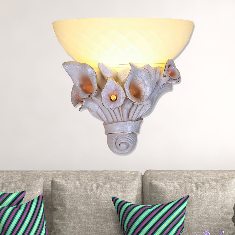 Bowl White Glass Wall Light Fixture Vintage 1 Light Bedside Sconce Light with Yellow/White Flower Design