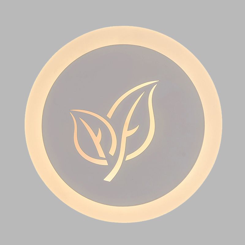 Modern Circle Wall Mount Acrylic Living Room LED Flush Wall Sconce in White with Leaf Pattern