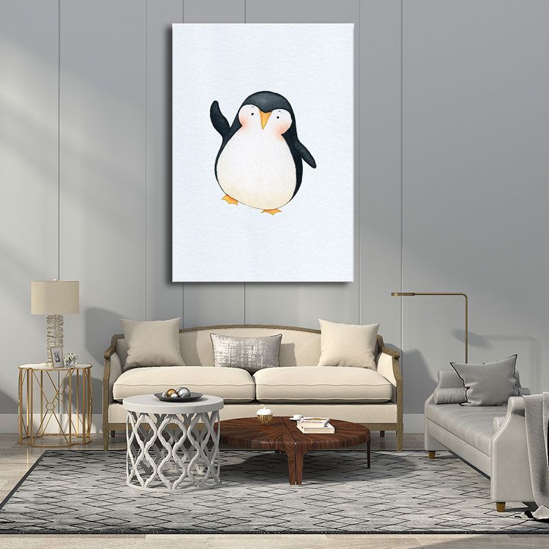Textured White Wall Art Decor Modernist Cute Penguin Wrapped Canvas for Children Bedroom