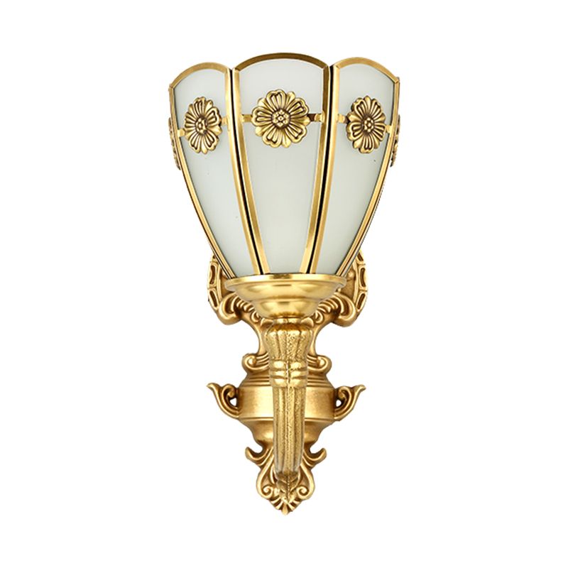 1/2 Lights Indoor Sconce Retro Floral Beveled Opal Glass Shade Wall Lamp with Golden Exquisite Carved Element