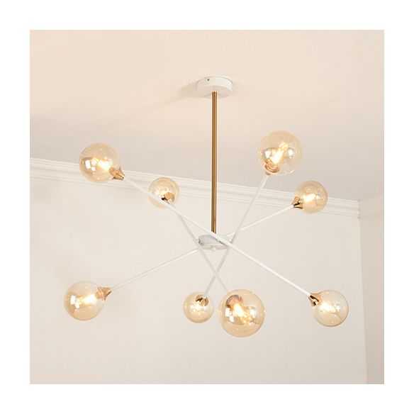 Contemporary White Arm Chandelier Line Metallic Amber//Clear/Silver/Smoke Grey/White Suspension Light with Spherical Shade for Study Room