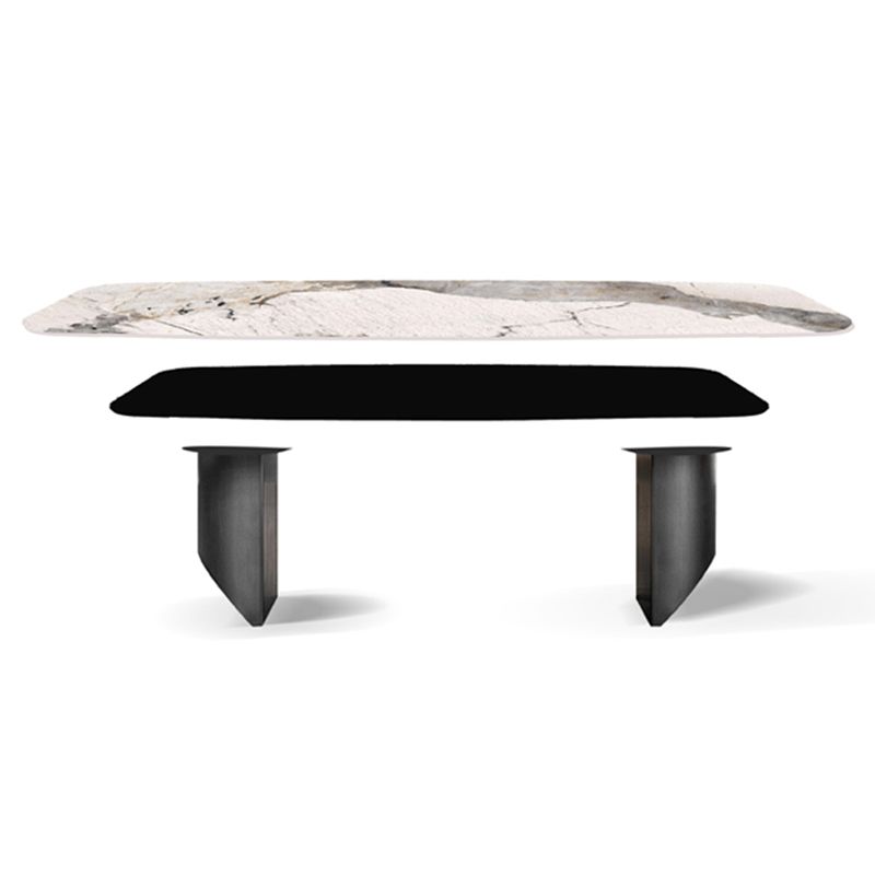 Rectangular Stone Dining Table Modern Green White Gold Furniture with Double Pedestal