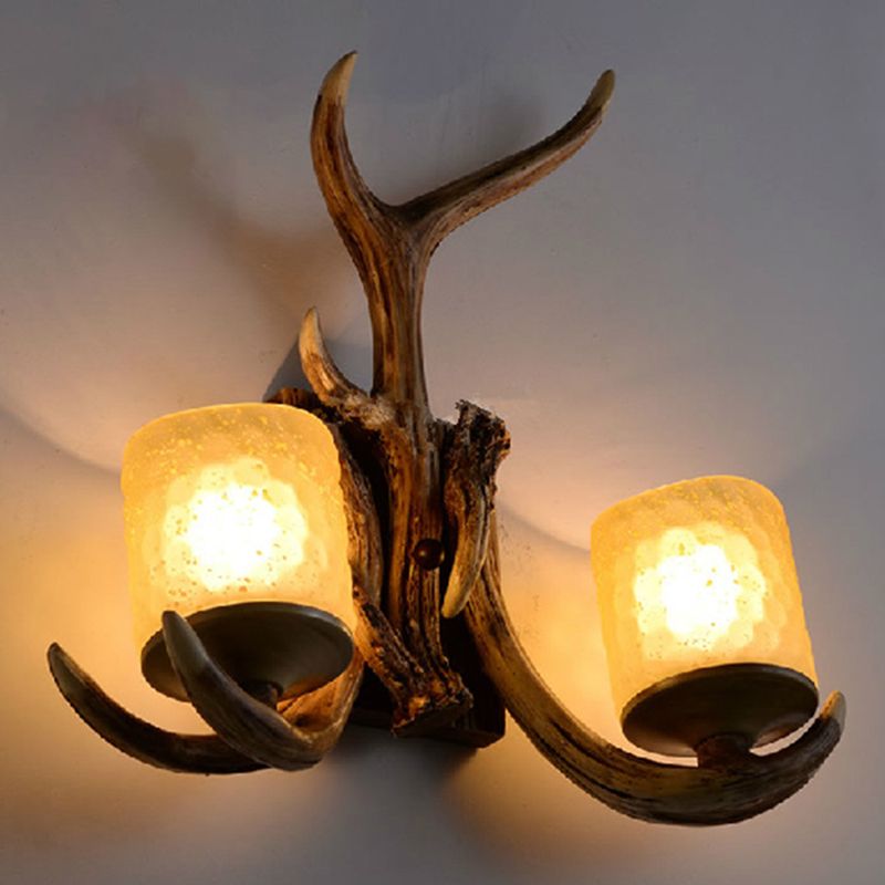 Lámpara de pared de cilindro marrón Vidrículas rústicas 2 bulbos Luz de la pared de la sala de estar con asta decorativa