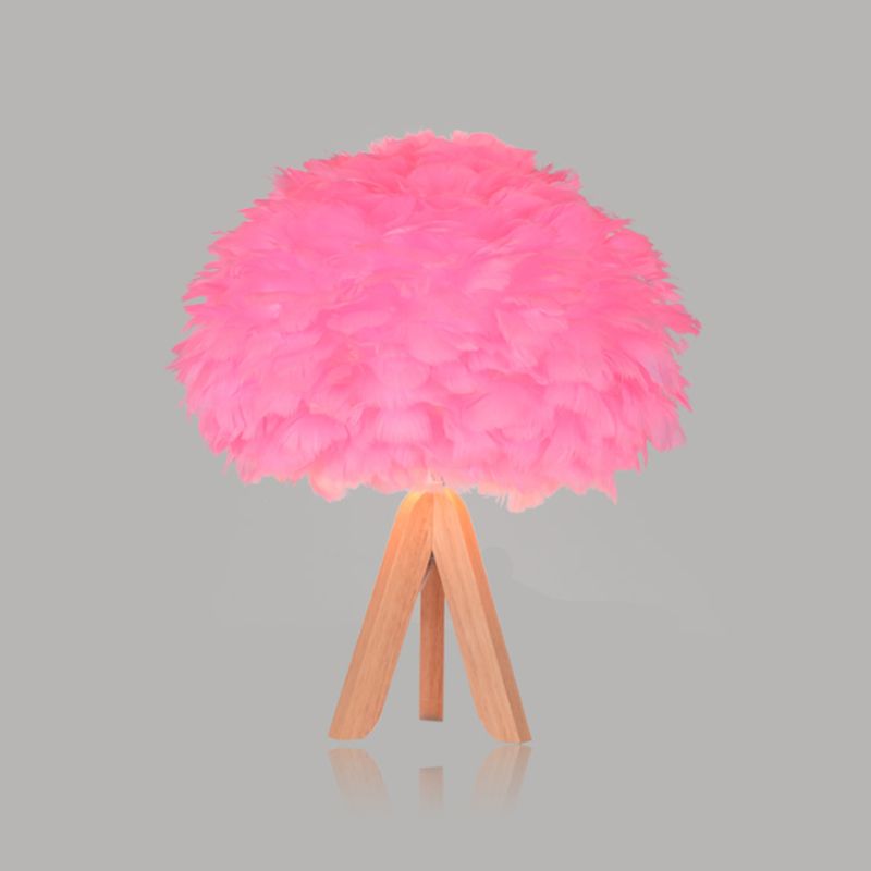 Dome/Tapered Shade Table Light Modern Feather Single Black/Pink/Cream Night Stand Lamp with Teardrop/Curved Rod/Tripod Base