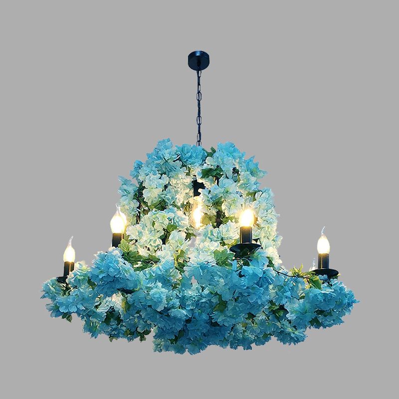 Industrial Candle Chandelier Light Fixture 6/8 Bulbs Metal LED Suspension Lighting in Blue with Cherry Blossom