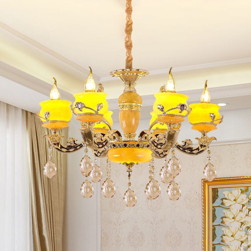 6/8 Lights Jade Ceiling Chandelier Antique Gold Candelabra Dining Room Pendant with Dangling Crystal