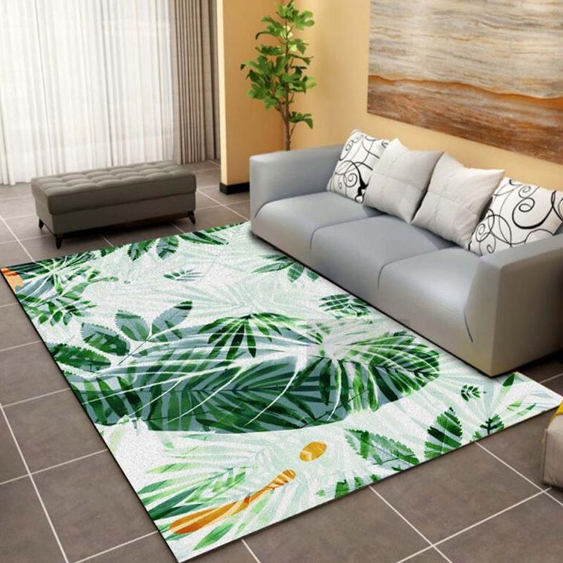 Dark Green Botanical Rug Polyester Modern Rug Stain Resistant Rug for Living Room
