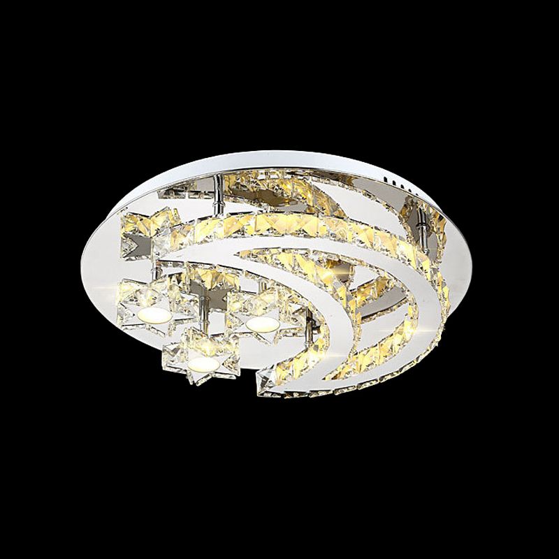 Chrome Moon and Star Flush Light Contemporary Clear Crystal LED Close to Ceiling Lamp