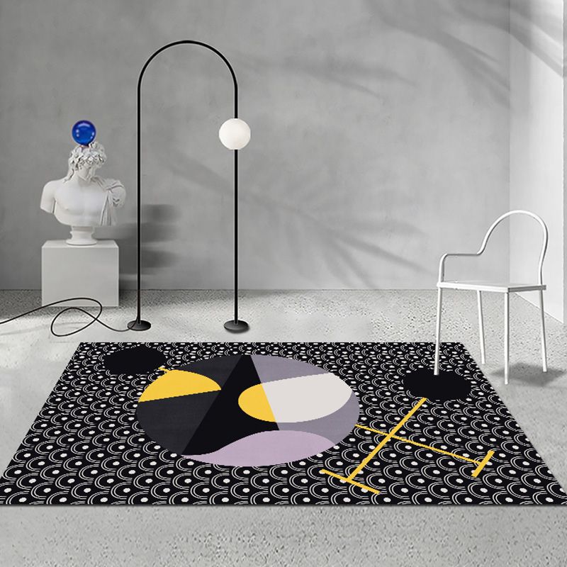 Multicolor Black Wave Pattern Rug Polyester Modern Rug Washable Anti-Slip Pet Friendly Area Rug for Living Room