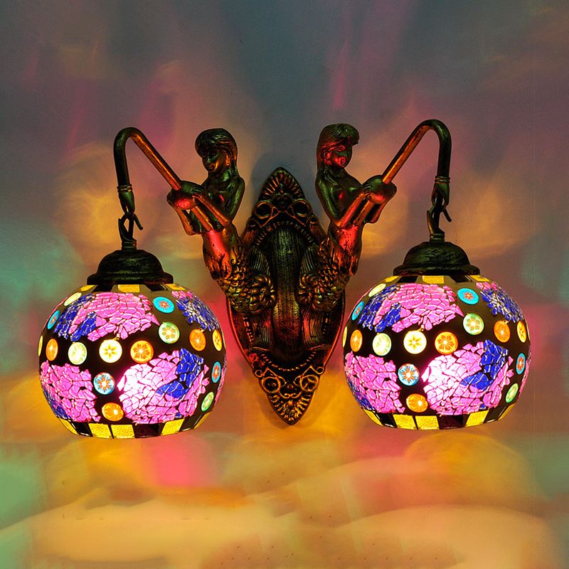 2 Lights Wall Mount Lighting Mediterranean Spherical Stained Glass Sconce Light in Red/Yellow/Orange with Mermaid Arm