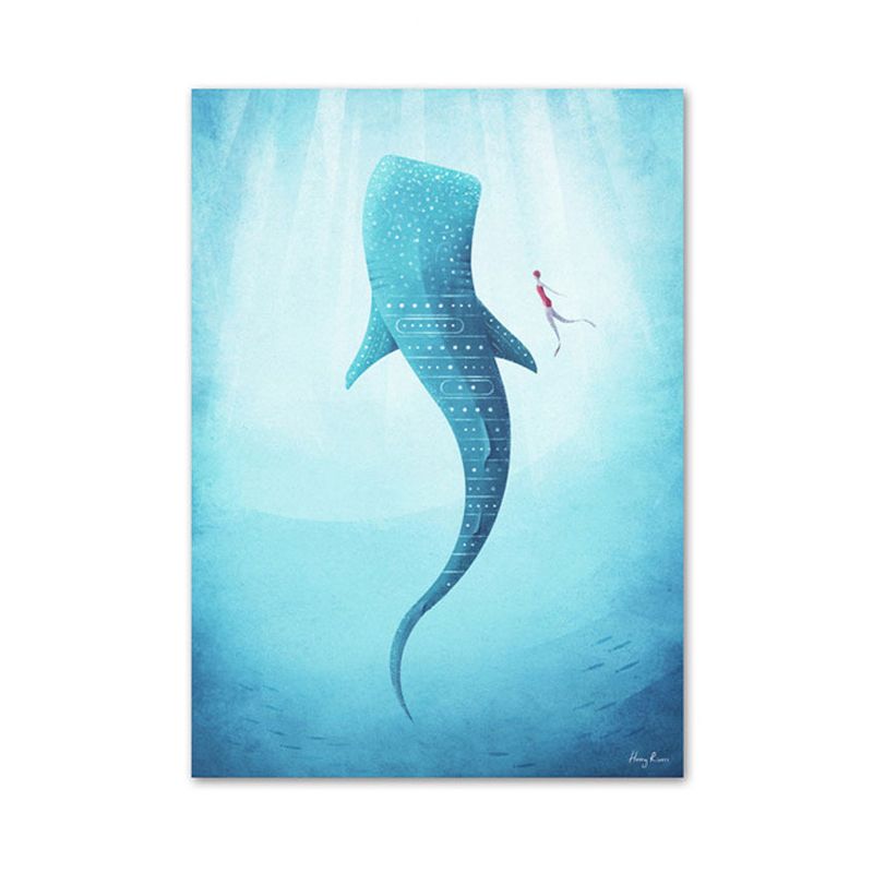 Giant Whale and Diver Wrapped Canvas Children's Art Marine Animal Painting in Blue