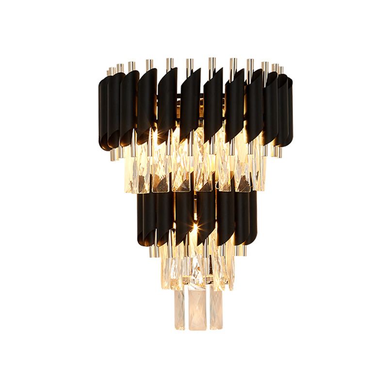 3-bulb gelaagde taps toelopende spoelwand SCONCE Hedendaags zwart afgeschuinde kristallen wandlamp