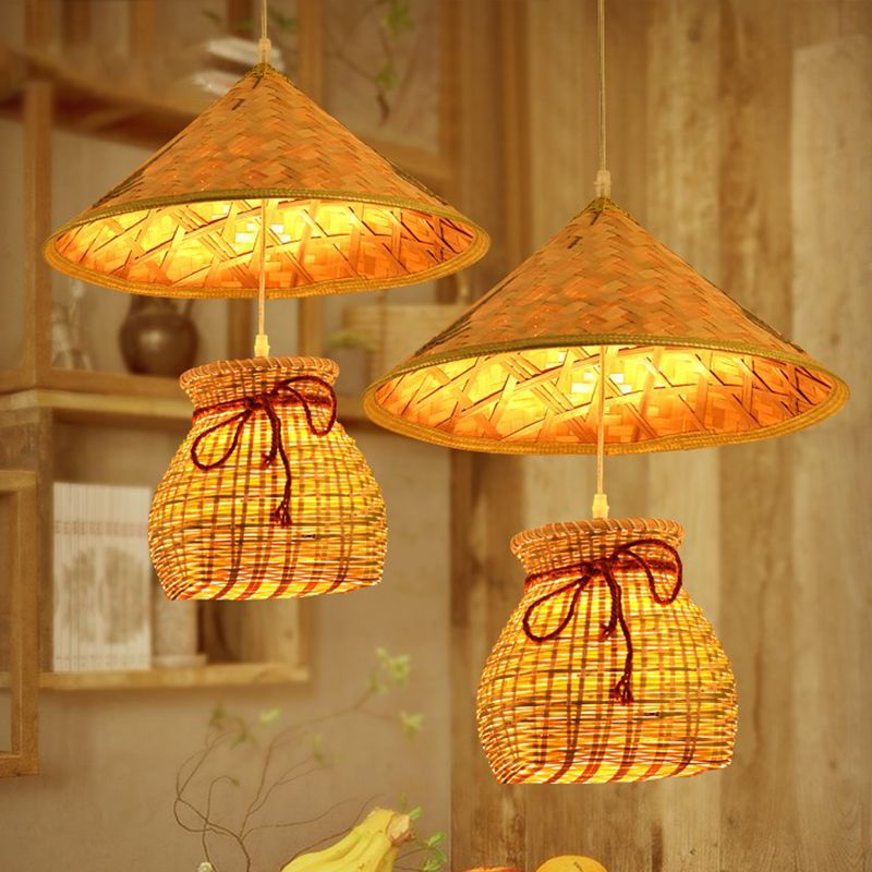 Bamboo Cone Suspension Pendant Traditional 1 Head Wood Hanging Ceiling Light with Basket