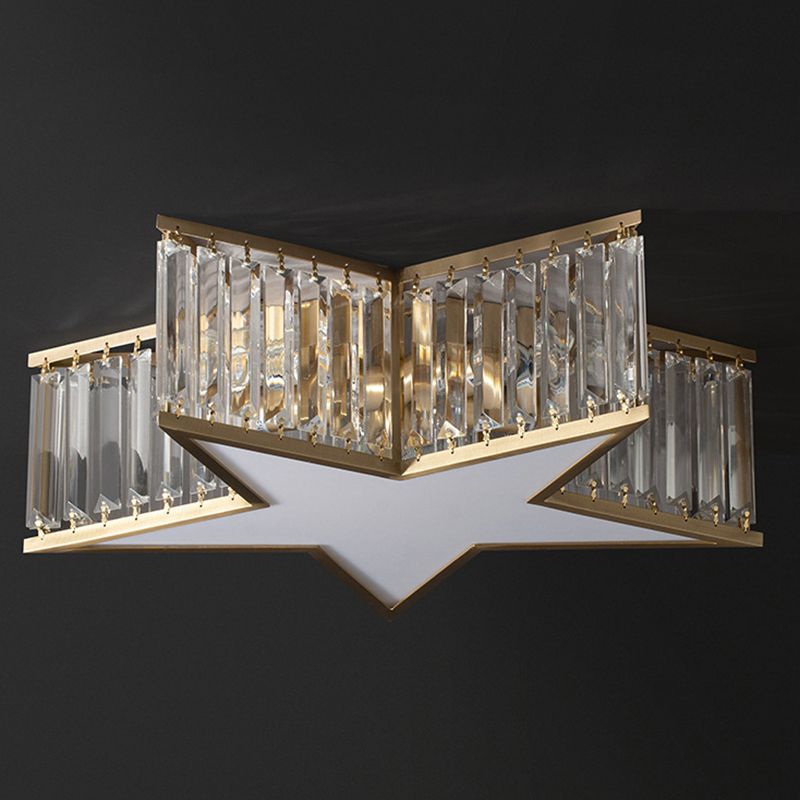 Copper Gold Ceiling Light in Colonical Luxury Style Crystal Star Ceiling Fixture for Bedroom