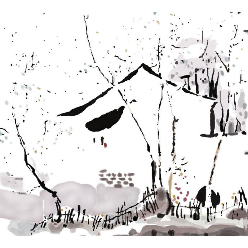 Chinese Ink Painting Farmhouse Mural Black-White Moisture Resistant Wall Art for Bedroom