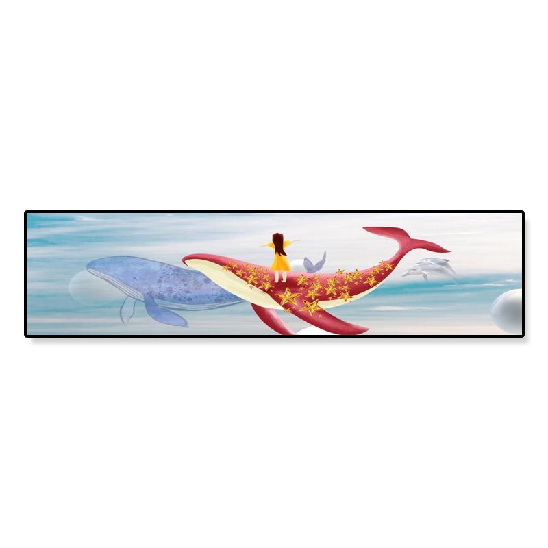 Fantasy Flying Whale Canvas Cartoon Textured Wall Art Print in Soft Color for Kids Room