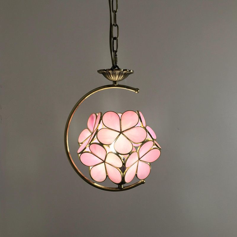 Bronze 1-Head Pendant Light Kit Baroque Metal C-Frame Hanging Lighting with Geometry Cut Glass Shade