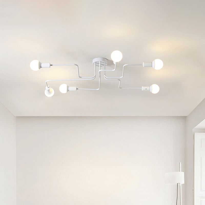 Loft Industrial Exposed Semi Flush Light Fixture 4/6-Head Metallic Ceiling Light Fixture in Black/White for Living Room